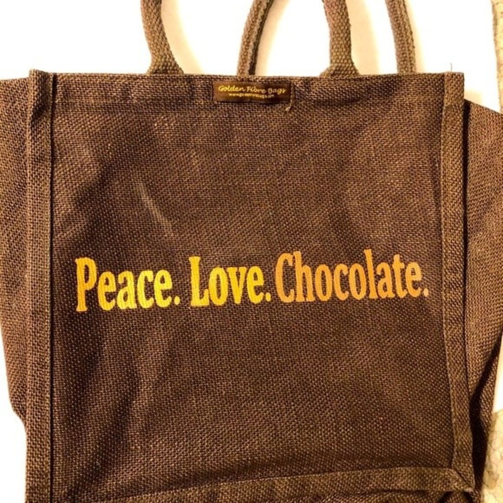 Peace. Love. Chocolate tote bag by GoldenFibrebags